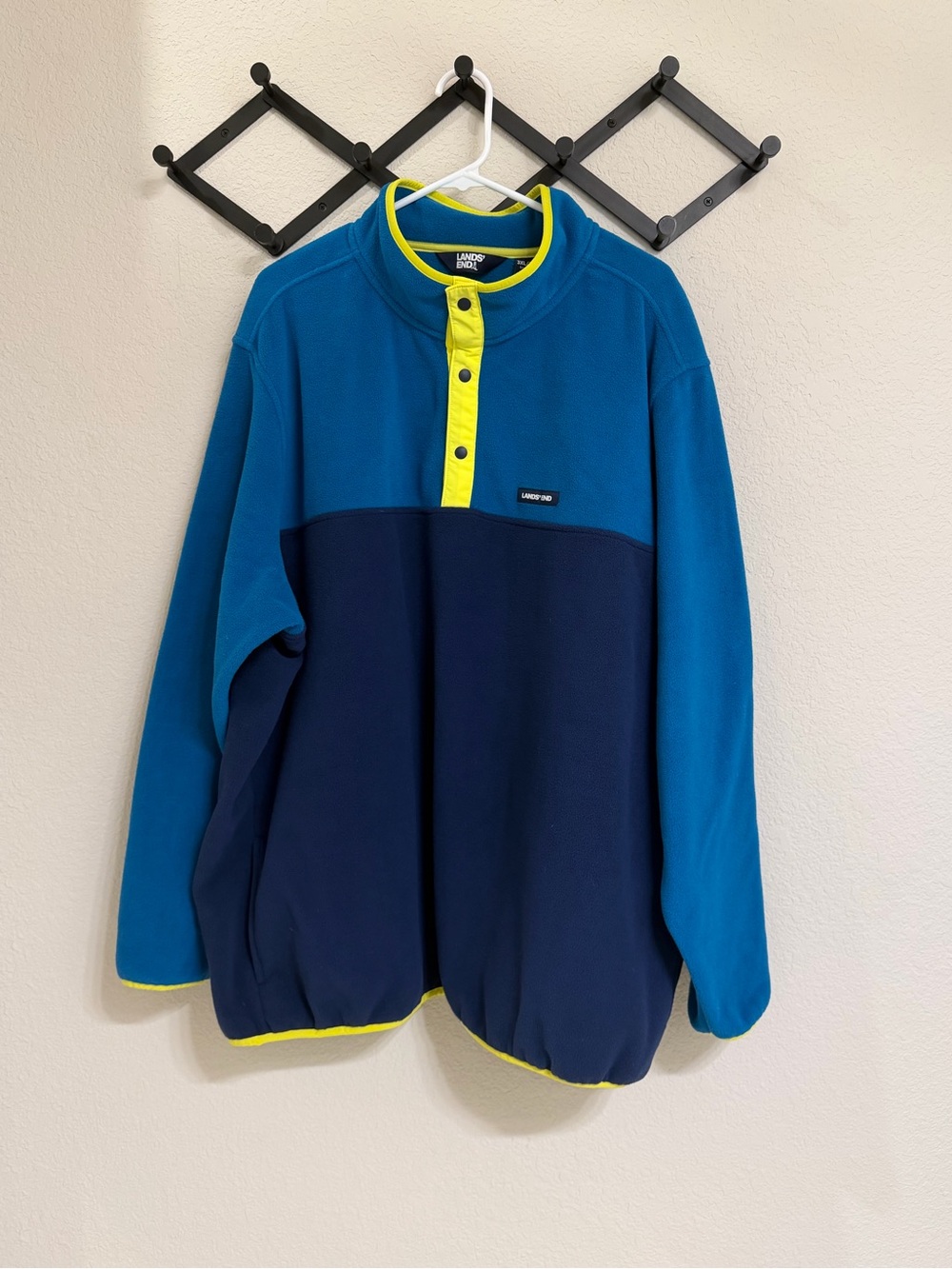 Lands’ End Men’s 3XLT Fleece Snap Pullover Blue Navy Yellow Colorblock